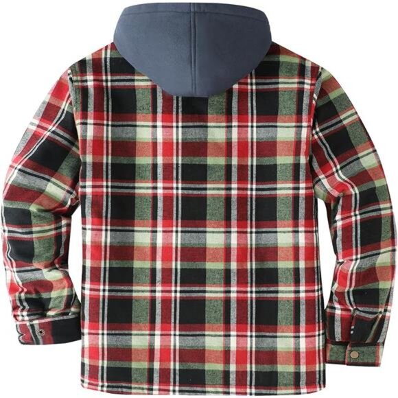 Men's Thicken Plaid Hooded Flannel Shirt Jacket Green/White - Picture 2 of 4